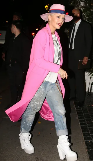 Pink Panther - Rita Ora arrives at Chateau Marmont in Hollywood wearing a bubble gum pink coat and matching hat. (Photo: David Tonnessen, PacificCoastNews)