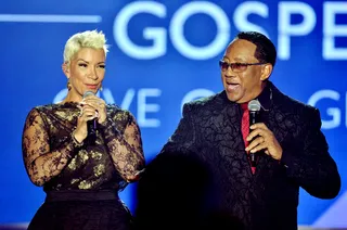 Rebecca Crews and Bobby Jones - Bobby Jones and Rebecca Crews come out to present the next performer.&nbsp;(Photo: Kris Connor/Getty Images for BET Networks)&nbsp;