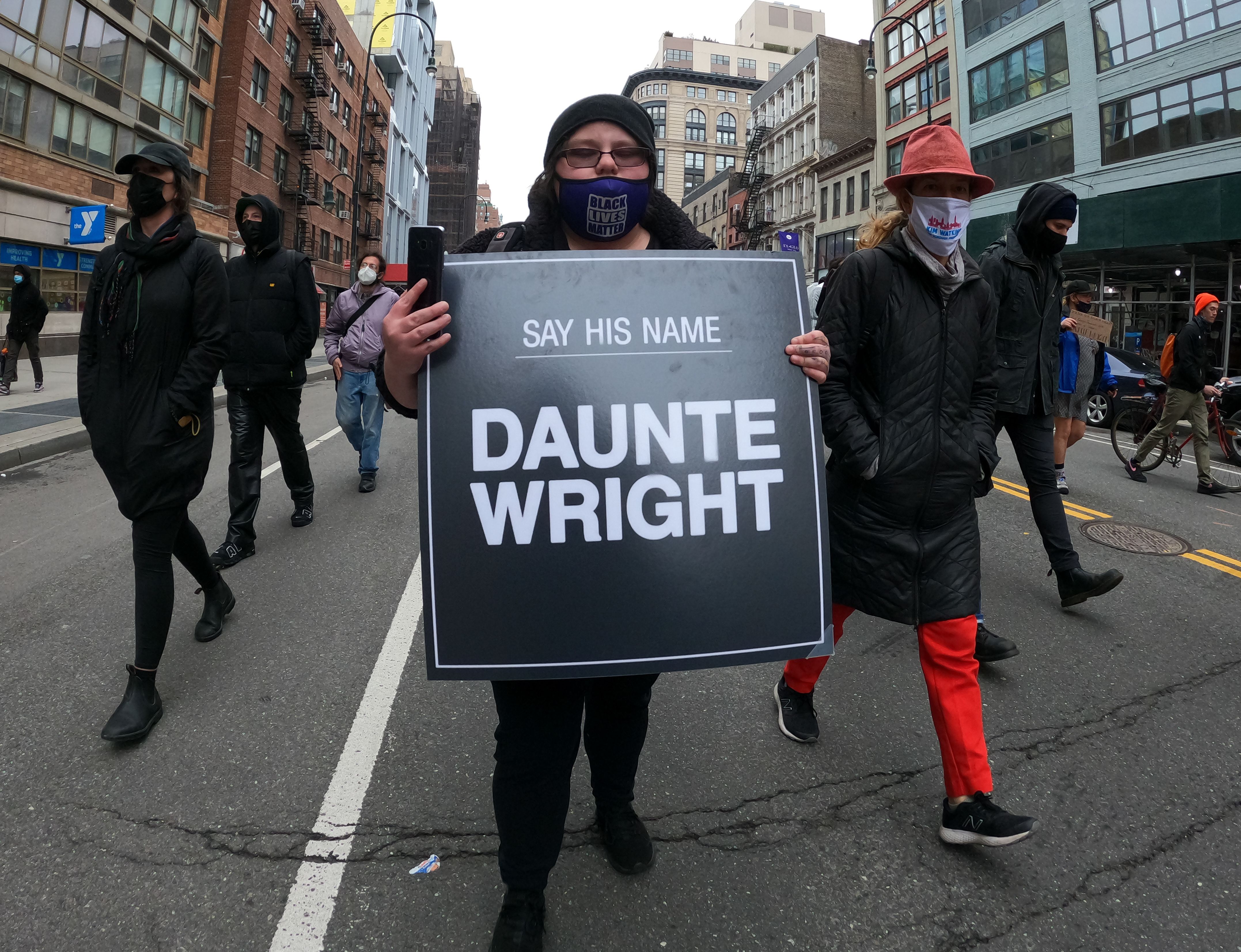 NEW YORK, USA - APRIL 12: Hundreds in New York held a Black Lives Matter protest on Monday, April 12, after the death of another Black man, Daunte Wright, in the country. (Photo by Lokman Vural Elibol/Anadolu Agency via Getty Images)