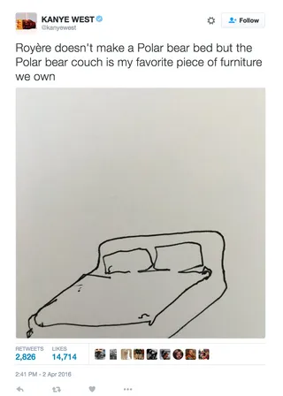 When Your Favorite Furniture Designer Doesn't Make the Bed of Your Dreams - It's tough when the man who made the couch of your dreams has not made its matching bed set.&nbsp;(Photo: Kanye West via Twitter)