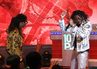 Go Ham - &nbsp;Migos light up the stage on 106. (Photo:&nbsp; Bennett Raglin/BET/Getty Images)