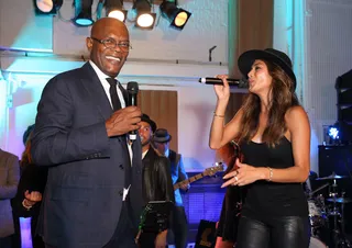 Duets - Samuel L. Jackson and Nicole Scherzinger&nbsp;team up for a song at &quot;#SingOne4TheBoys&quot; Karaoke Night at Abbey Road Studios in London. (Photo: Mike Marsland/WireImage)