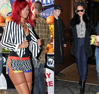 Rihanna - Rihanna has decided to step back from the bold and sexy image and tone things down a bit to avoid becoming "a gimmick." Her simpler look is more natural as she hopes people focus on her music rather than her clothes or hairstyle of the moment.(Photos from left: C.Smith/ WENN.com, Fame Pictures)