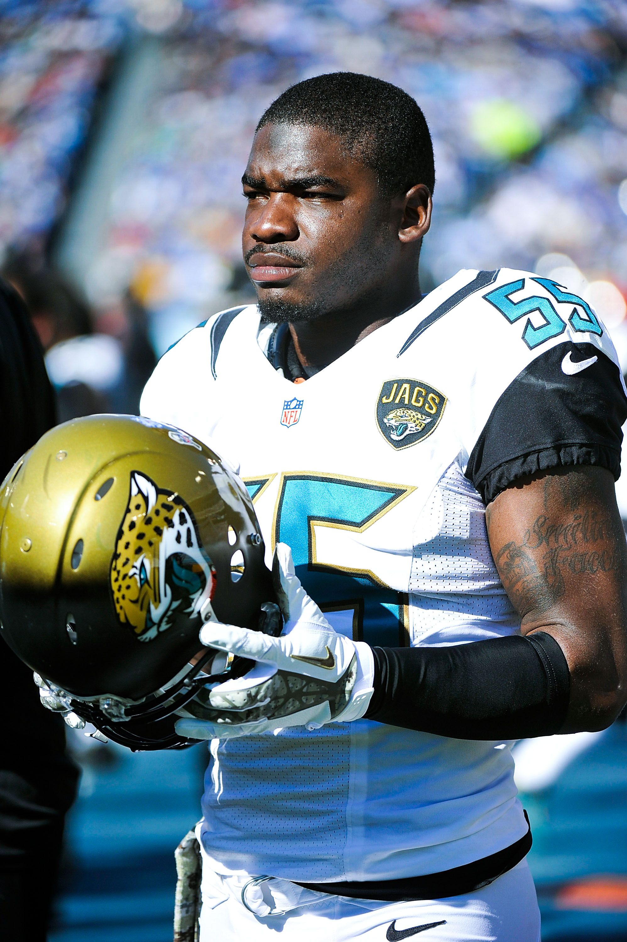 NASHVILLE, TN - NOVEMBER 10:  Geno Hayes #55 of the Jacksonville Jaguars watches from the sidleine during a game against the Tennessee Titans at LP Field on November 10, 2013 in Nashville, Tennessee.  (Photo by Frederick Breedon/Getty Images)
