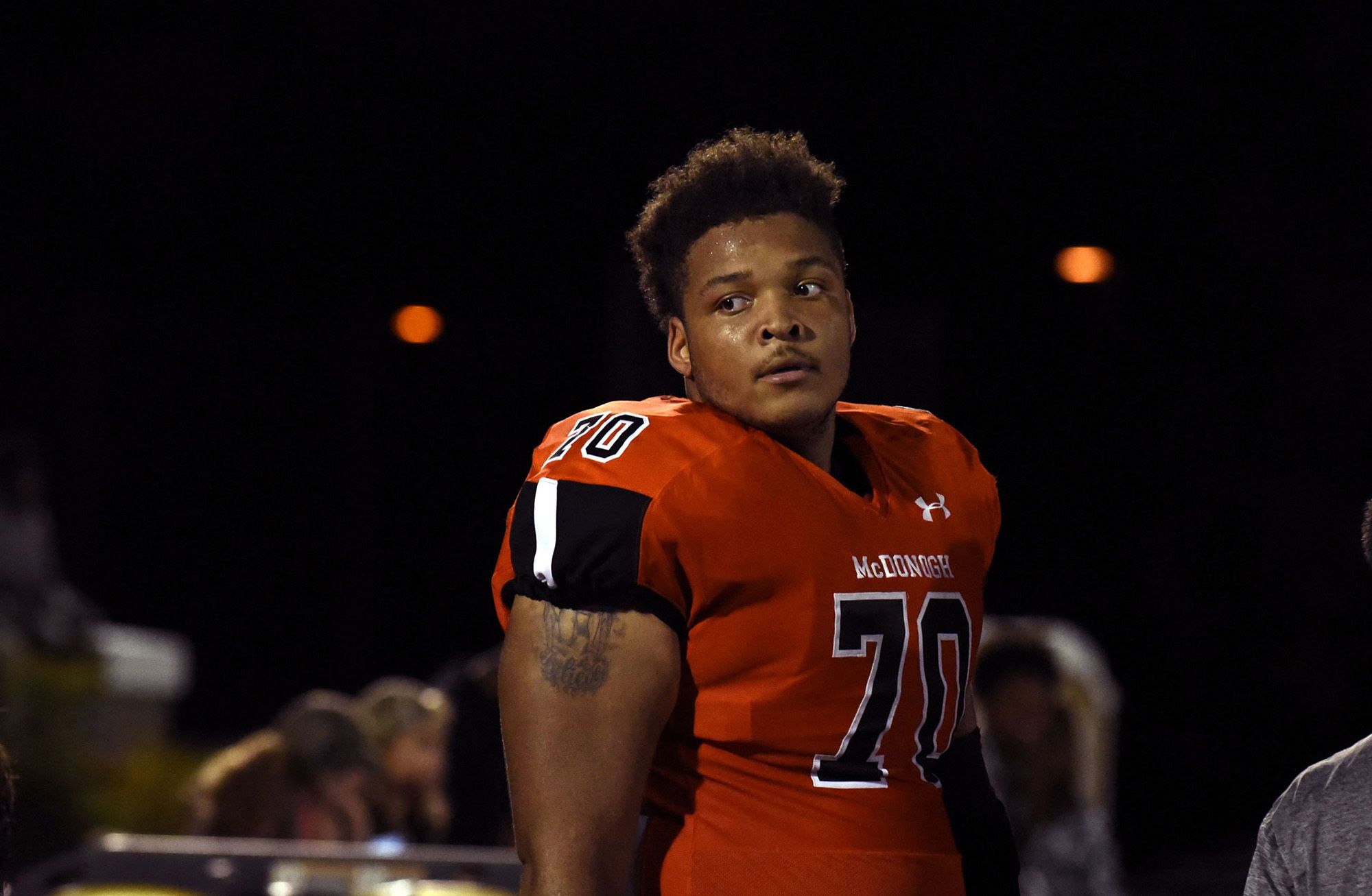 In a September 16, 2016, file image lineman Jordan McNair of McDonogh High School. McNair died on June 13, 2018, two weeks after collapsing during a University of Maryland football team workout. (Barbara Haddock Taylor/Baltimore Sun/Tribune News Service via Getty Images)
