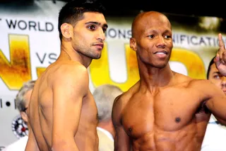 Khan-Judah - Amir Khan and Zab Judah pose for the cameras. &nbsp;(Photo: Marcus Vanderberg)