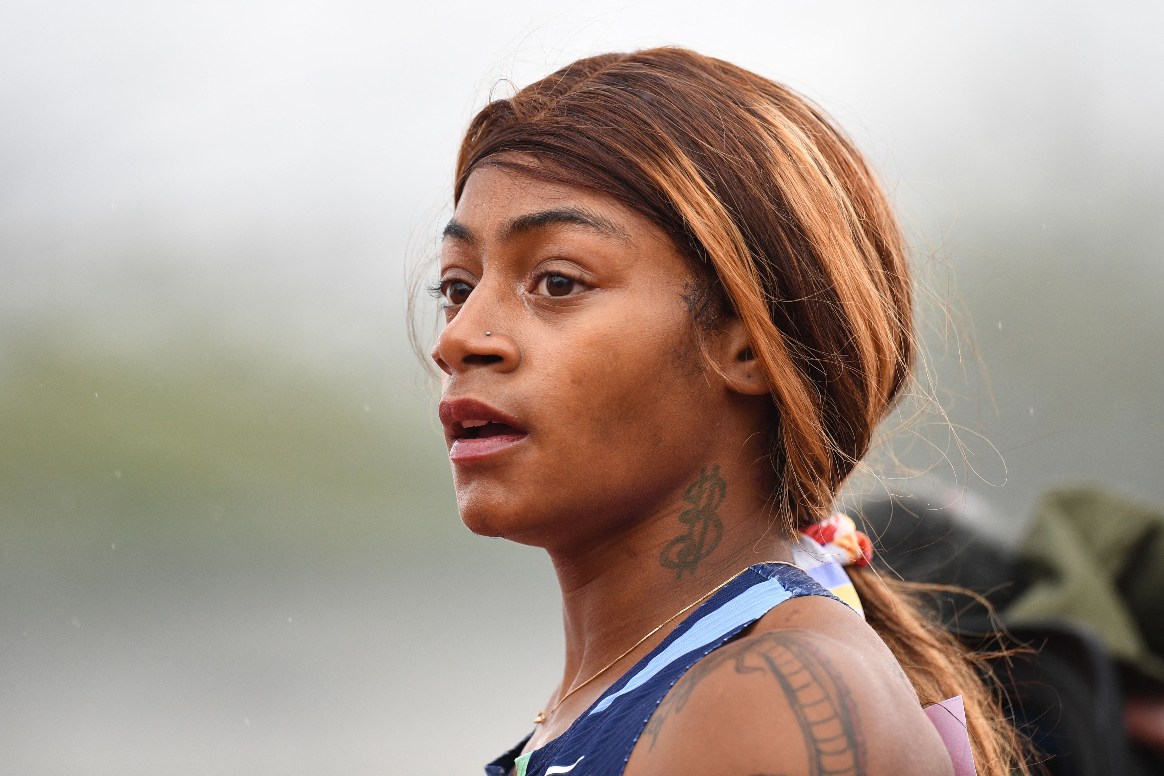 US sprinter Sha'Carri Richardson reacts after winning the first heat in the women's 100m during the Diamond League athletics meeting at Gateshead International Stadium in Gateshead, north-east England on May 23, 2021. (Photo by Oli SCARFF / AFP) (Photo by OLI SCARFF/AFP via Getty Images)