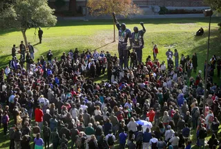 Students Rally Against Hate Crime at San Jose State - Three white students at San Jose State University thought it would be funny to tie a metal bicycle lock around the neck of their Black roommate and nickname him “three-fifths” in reference to slavery in November. They also locked him inside his room and hung a Confederate flag in his window. The attackers face misdemeanor hate-crime and battery charges.&nbsp;(Photo: AP Photo/San Jose Mercury News, Karl Mondon)