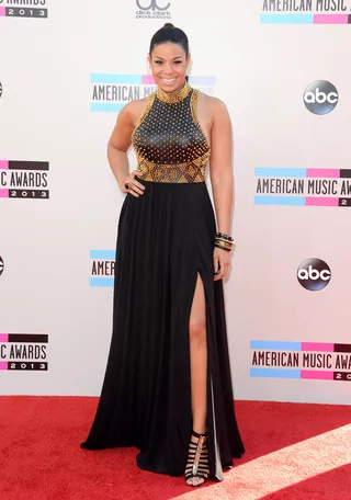 Jordin Sparks  - The typically sweet singer shows off her tough side in her gladiator-inspired gown with gold studded bodice and dramatic black skirt.  (Photo: Jason Merritt/Getty Images)