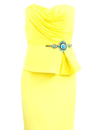 NOTTE BY MARCHESA Strapless Draped Dress  - Add an extra dose of sunshine to your bridal party with this cheery draped lemon dress. The bejeweled accent at the waist keeps this candy coated number upscale enough for a formal wedding.(Photo: Marissa Collections)