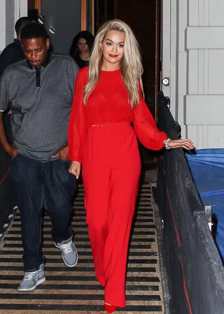 Ring the Alarm - Rita Ora rocks a fire-engine red ensemble as she leaves Nobu Restaurant in NYC.&nbsp;(Photo: PacificCoastNews)