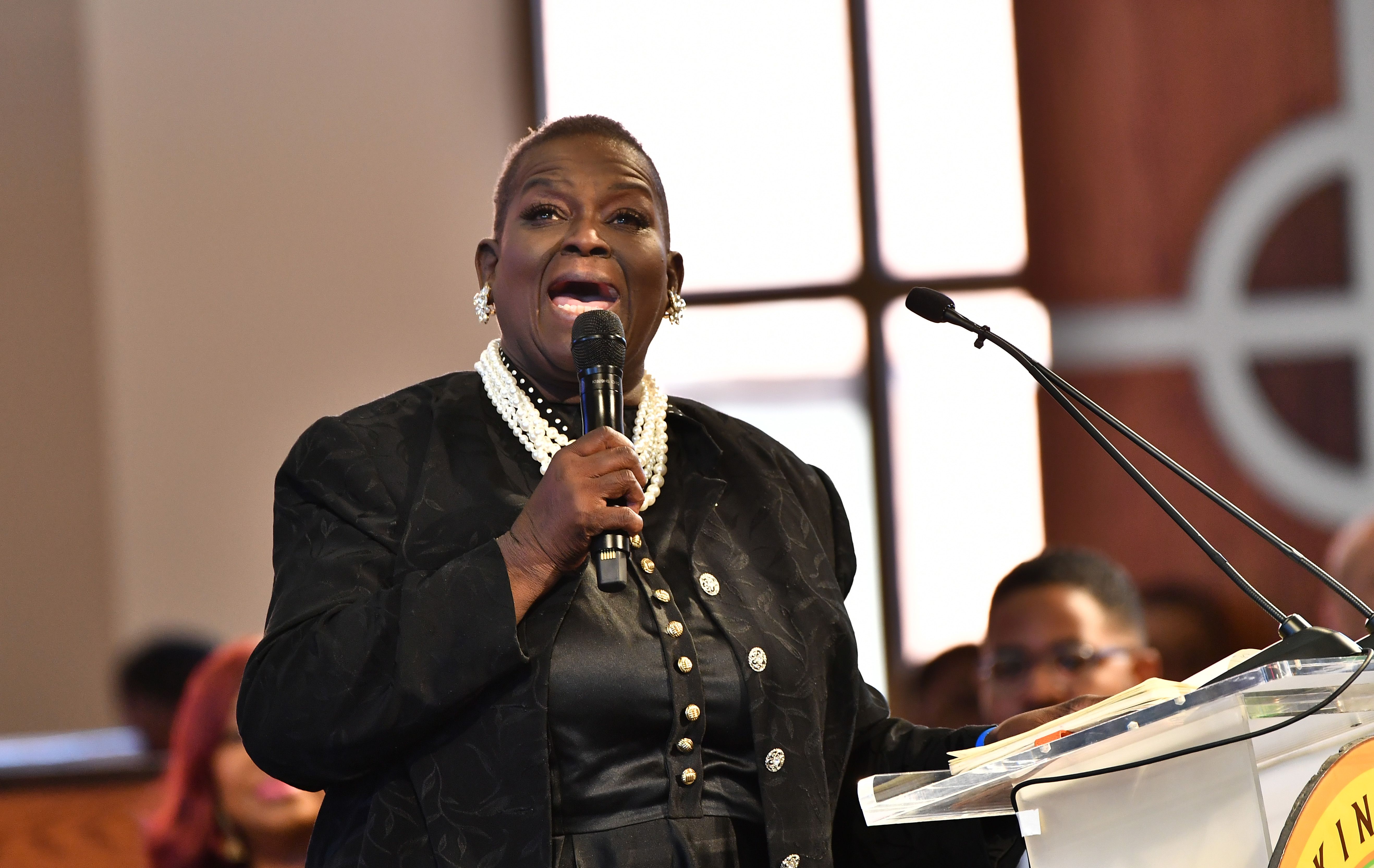 ATLANTA, GEORGIA - JANUARY 20:   Gospel singer Duranice Pace of the Pace Sisters perform onstage during 2020 Martin Luther King, Jr. Commemorative Service at Ebenezer Baptist Church on January 20, 2020 in Atlanta, Georgia. (Photo by Paras Griffin/Getty Images)