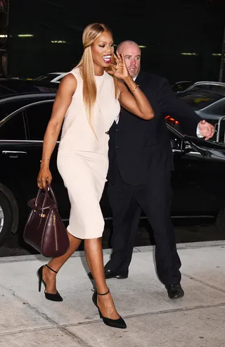 Absolutely Fabulous - Laverne Cox turns heads in this Whistles Galina knit overlay dress as she arrives for a screening and Q&amp;A panel for Orange Is the New Black at the DGA Theatre in NYC.(Photo: Darla Khazei, PacificCoastNews)