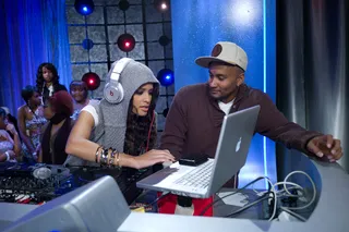 DJ Rocsi - Rocsi Diaz lends a hand to DJ Lyve at BET's 106 &amp; Park.&nbsp; (Photo: John Ricard / BET)