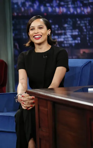 A Beauty - Zoe Kravitz shares a laugh on the couch at Late Night With Jimmy Fallon in New York City.&nbsp;(Photo: Lloyd Bishop/NBC/NBCU Photo Bank)