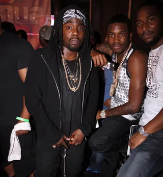 Wale and Meek Mill - MMG rappers Wale and Meek Mill enjoy a quick moment of solace backstage before setting the SJ stage ablaze — Maybach Music style.&nbsp;(Photo: Johnny Nunez/WireImage/Getty Images)