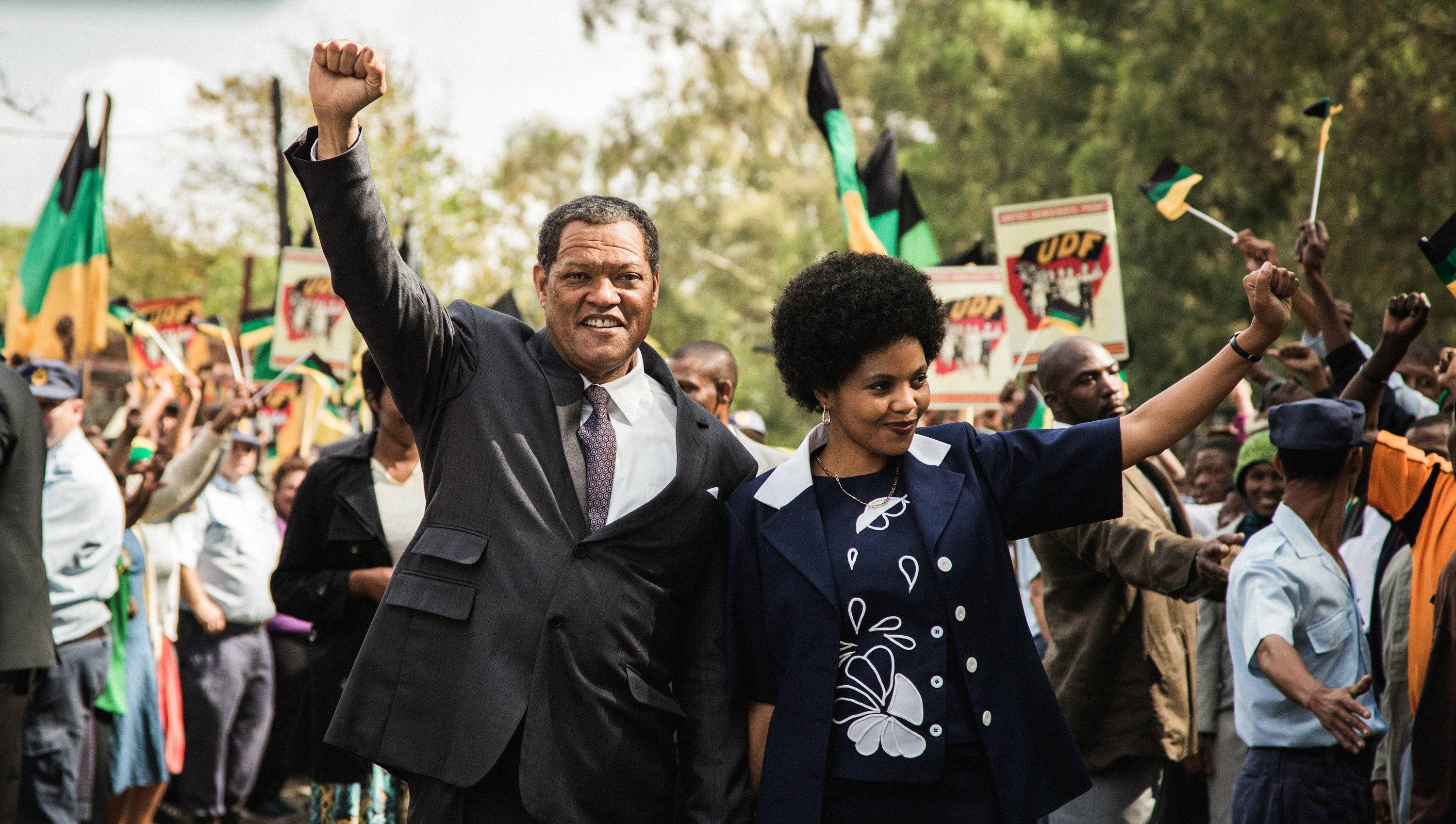 Actors Lawrence Fishburne and Terry Pheto on the set of BET's epic miniseries, Madiba.