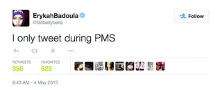 Master Teacher - Take note: a woman will purge when she needs to.  (Photo: Erykah Badu via Twitter)