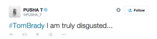 PUSHA T, @PUSHA_T - King Push threw a flag on Tom Brady and the New England Patriots as their latest cheating scandal unfolded. #Deflategate (Pusha T via Twitter)
