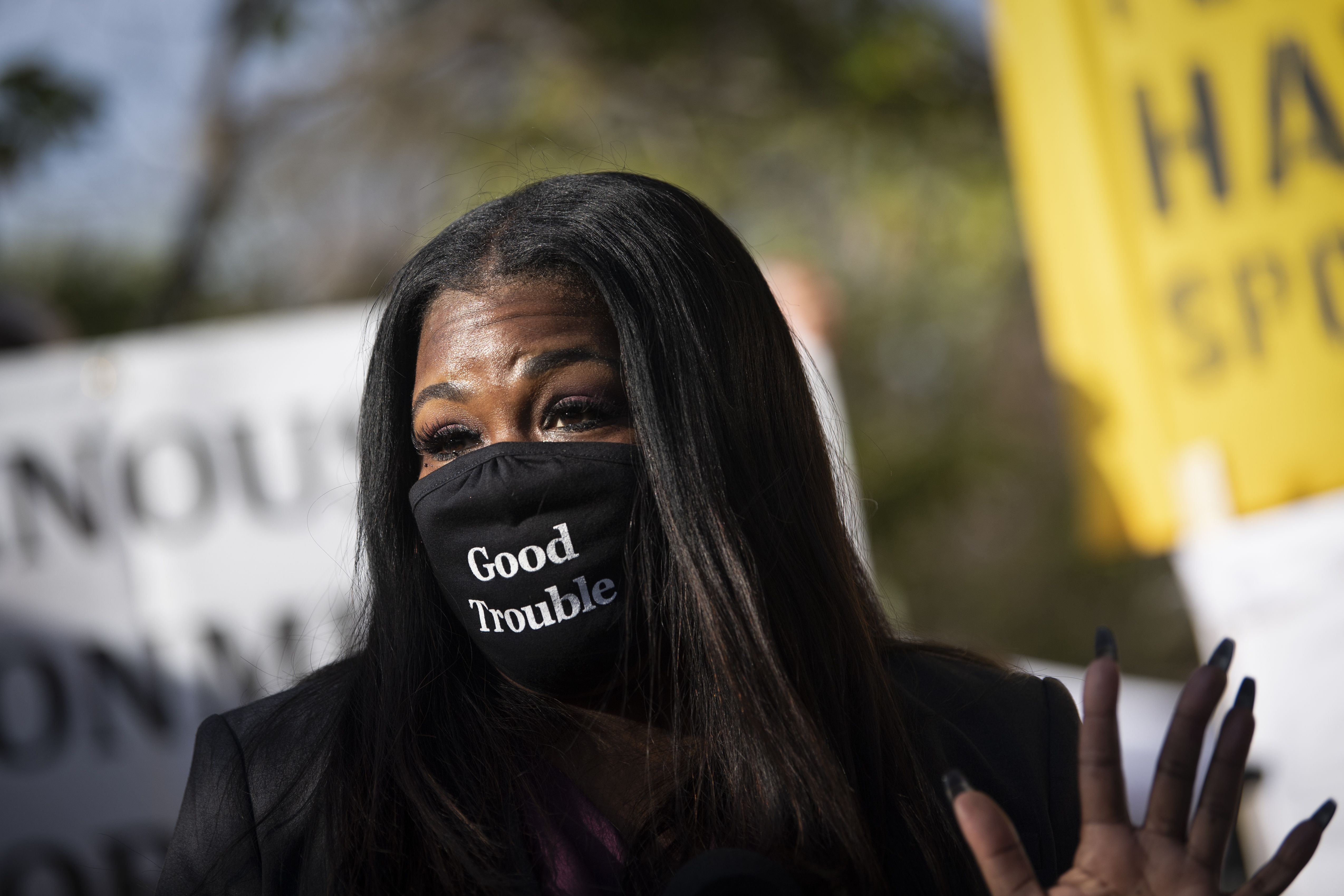 UNITED STATES - NOVEMBER 19: Rep.-elect Cori Bush, D-Mo., speaks during a news conference with other Democrat members of Congress to push President-elect Joe Biden to appoint a corporate-free cabinet and an administration staffed with personnel committed to addressing the climate threat, as well as following through on promises made during the campaign to Build Back Better outside of the Democratic National Headquarters in Washington on Thursday, Nov. 19, 2020. (Photo by Caroline Brehman/CQ-Roll Call, Inc via Getty Images)