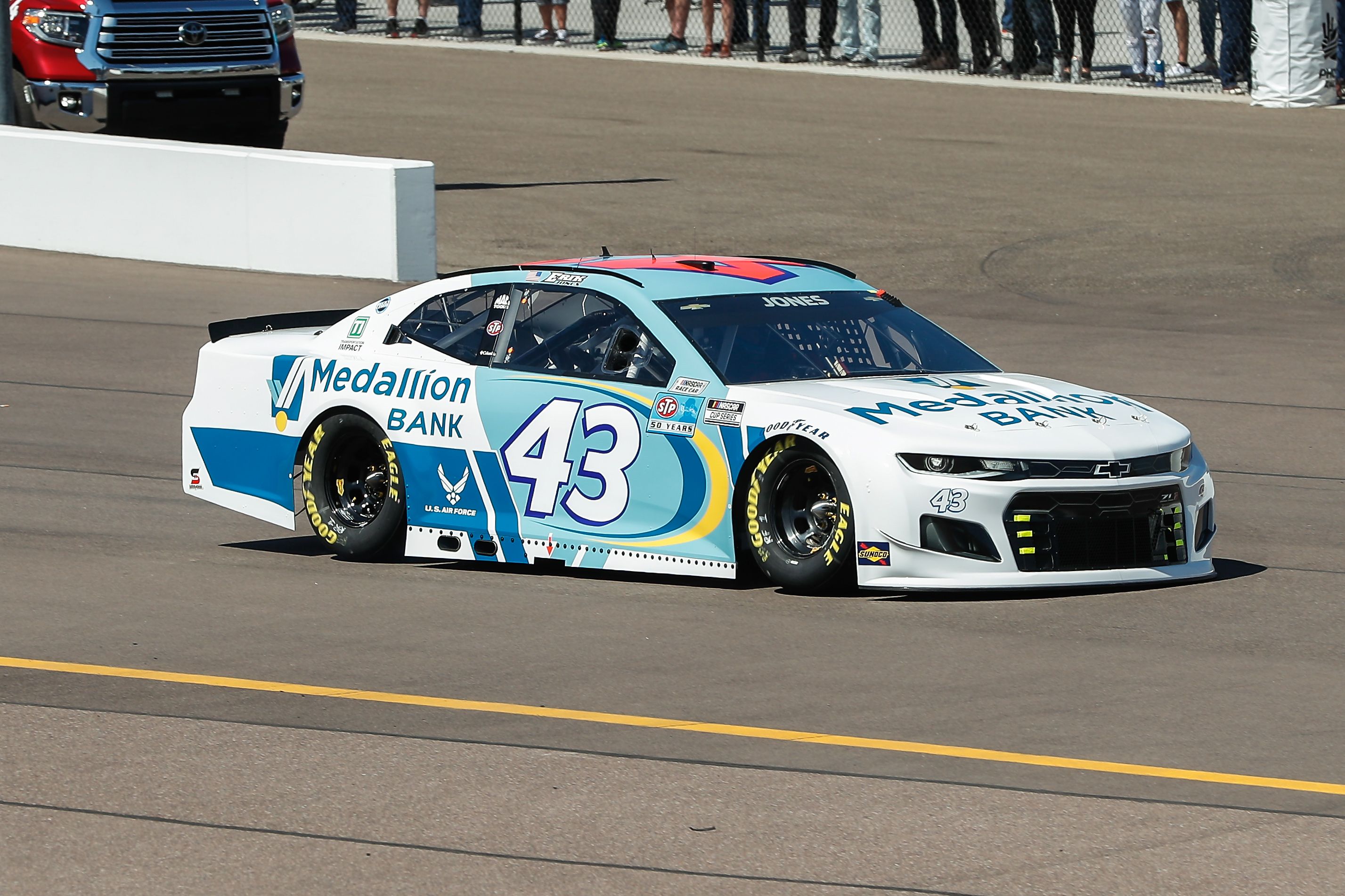 PHOENIX, AZ - MARCH 14:  Erik Jones, driver of the #43 Richard Petty Motorsports Medallion Bank Chevrolet Camaro, leaves pit row during the Instacart 500 Nascar Cup Series Race on March 14, 2021 at Phoenix ISM Raceway in Phoenix, Arizona. (Photo by Kevin Abele/Icon Sportswire via Getty Images)