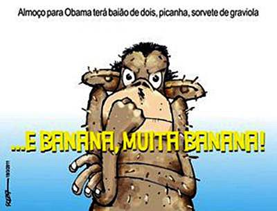 Another Racist Obama Cartoon? - A Brazilian website was caught up in a little controversy recently with its image of a hairy monkey listing a stereotypical lunch menu for President Obama. “Obama will have for lunch for baiaõ-for-two steak, ice cream ... and bananas, many bananas,” the cartoon monkey says. Baiaõ-for-two is a meal closely associated with a mostly Black region of Brazil. The cartoon has since been removed from the site.  (Photo: Paraná Online)
