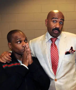 Kirk Franklin and Steve Harvey - Franklin yuks it up with Harvey backstage at the 2011 Comedy Gospel Tour in Atlanta. (Photo: Rick Diamond/Getty Images)