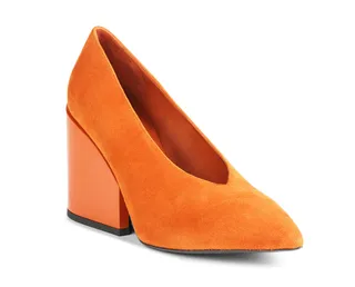 ACNE Alvara Burnt Orange ($620) - Who needs a pair of boring stilettos when you've got these beauties? The unexpected pop of persimmon really packs a punch thanks to the contrasting lacquer and suede materials.  (Photo: Acne Studios)