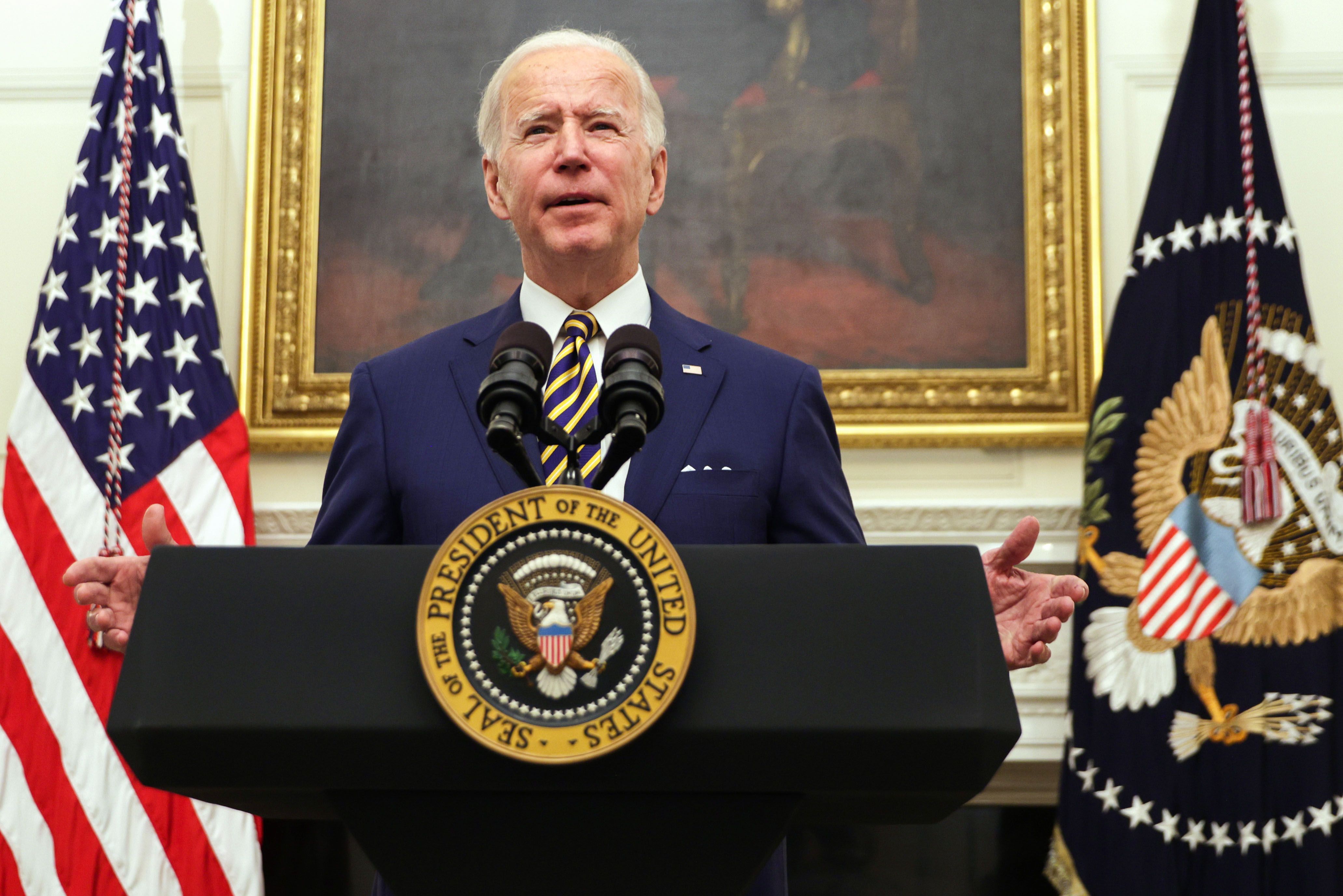 WASHINGTON, DC - JANUARY 22: U.S. President Joe Biden speaks during an event on economic crisis in the State Dining Room of the White House January 22, 2021 in Washington, DC. President Biden spoke on his administration’s response to the economic crisis that caused by the COVID-19 pandemic and signed two executive orders. (Photo by Alex Wong/Getty Images)