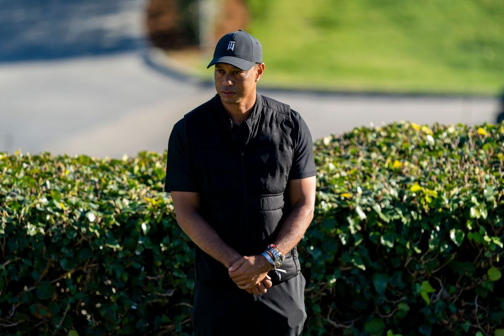 PACIFIC PALISADES, CA - FEBRUARY 21, 2021: Tiger Woods is present as Max Homa receives his trophy for winning the Genesis Invitational  at Riviera Country Club on February 21, 2021 in Pacific Palisades, California. Homa won in a playoff.(Gina Ferazzi / Los Angeles Times via Getty Images)