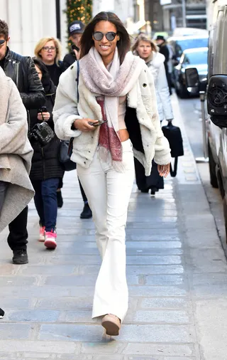 White Hot - Cindy Bruna&nbsp;rocked a wintry all-white look while out and about in Paris. (Photo: PacificCoastNews)