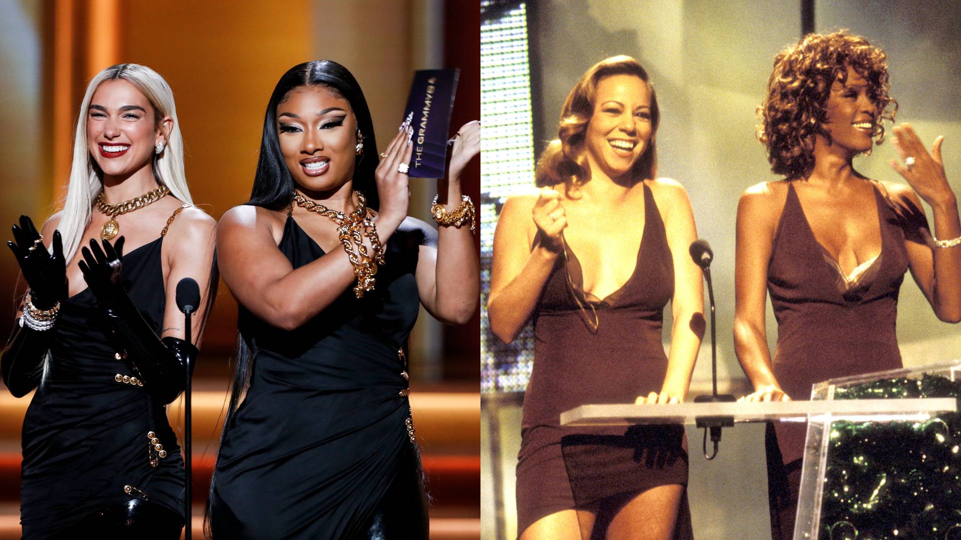 DUA LIPA AND MEGAN THEE STALLION present the award for BEST NEW ARTIST at THE 64TH ANNUAL GRAMMY AWARDS. 

Mariah Carey and Whitney Houston at the Universal Amphitheatre in Los Angeles, California 