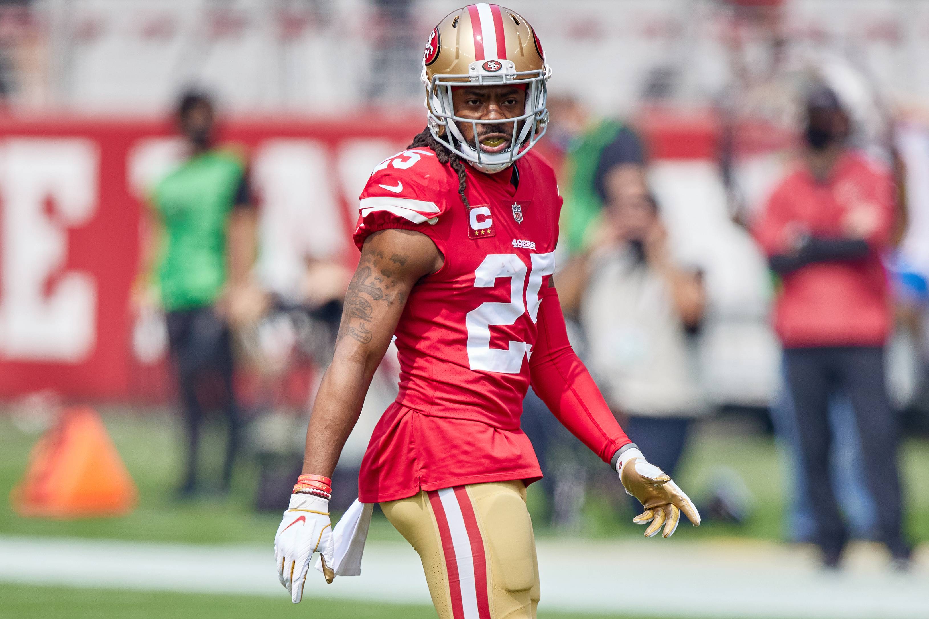 SAN FRANCISCO, CA - SEPTEMBER 13: San Francisco 49ers cornerback Richard Sherman (25) looks on during the NFL game between the San Francisco 49ers and the Arizona Cardinals on September 13, 2020, at Levi's Stadium in Santa Clara, California. (Photo by MSA/Icon Sportswire)