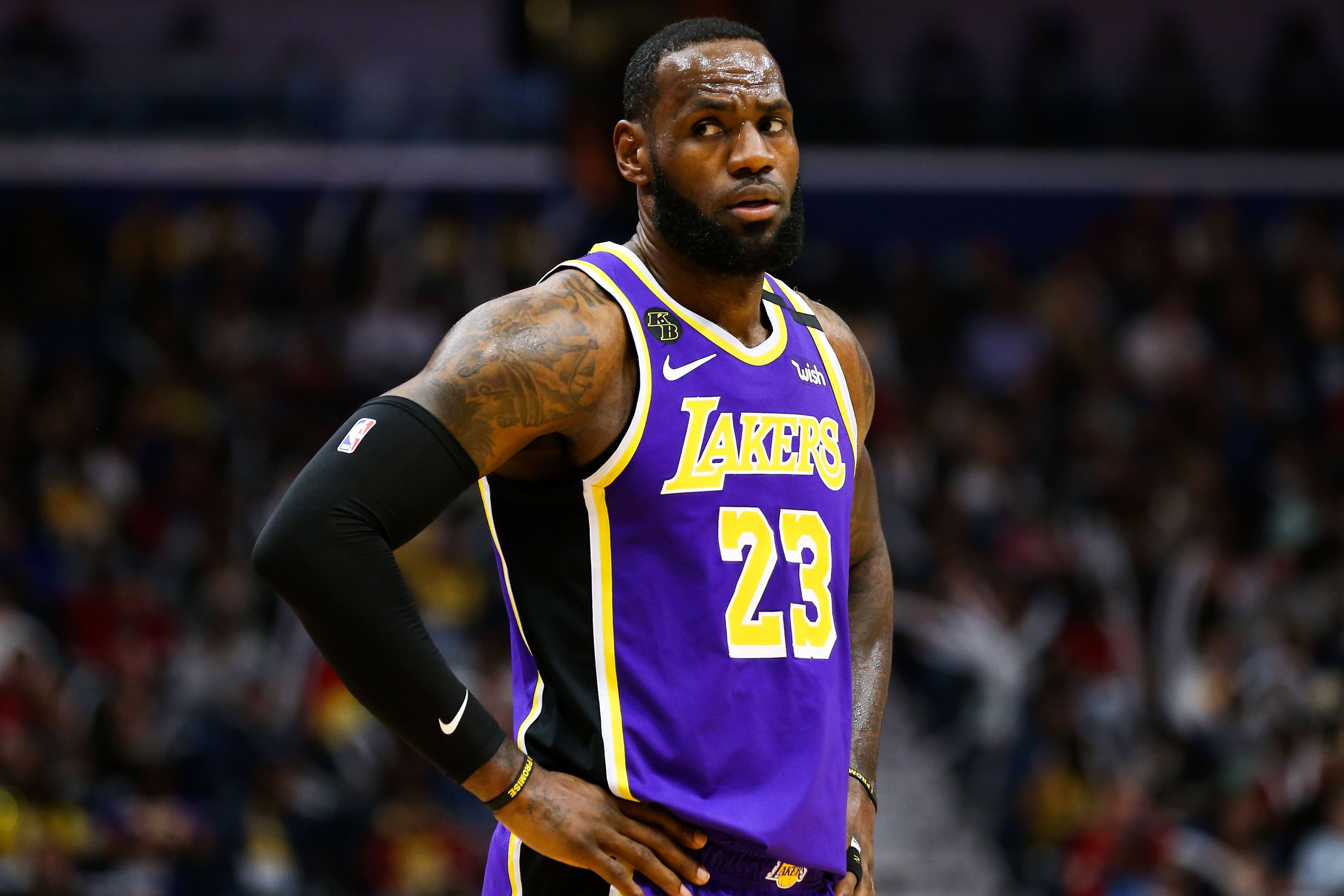 NEW ORLEANS, LOUISIANA - MARCH 01: LeBron James #23 of the Los Angeles Lakers reacts against the New Orleans Pelicans at the Smoothie King Center on March 01, 2020 in New Orleans, Louisiana. NOTE TO USER: User expressly acknowledges and agrees that, by downloading and or using this Photograph, user is consenting to the terms and conditions of the Getty Images License Agreement. (Photo by Jonathan Bachman/Getty Images)