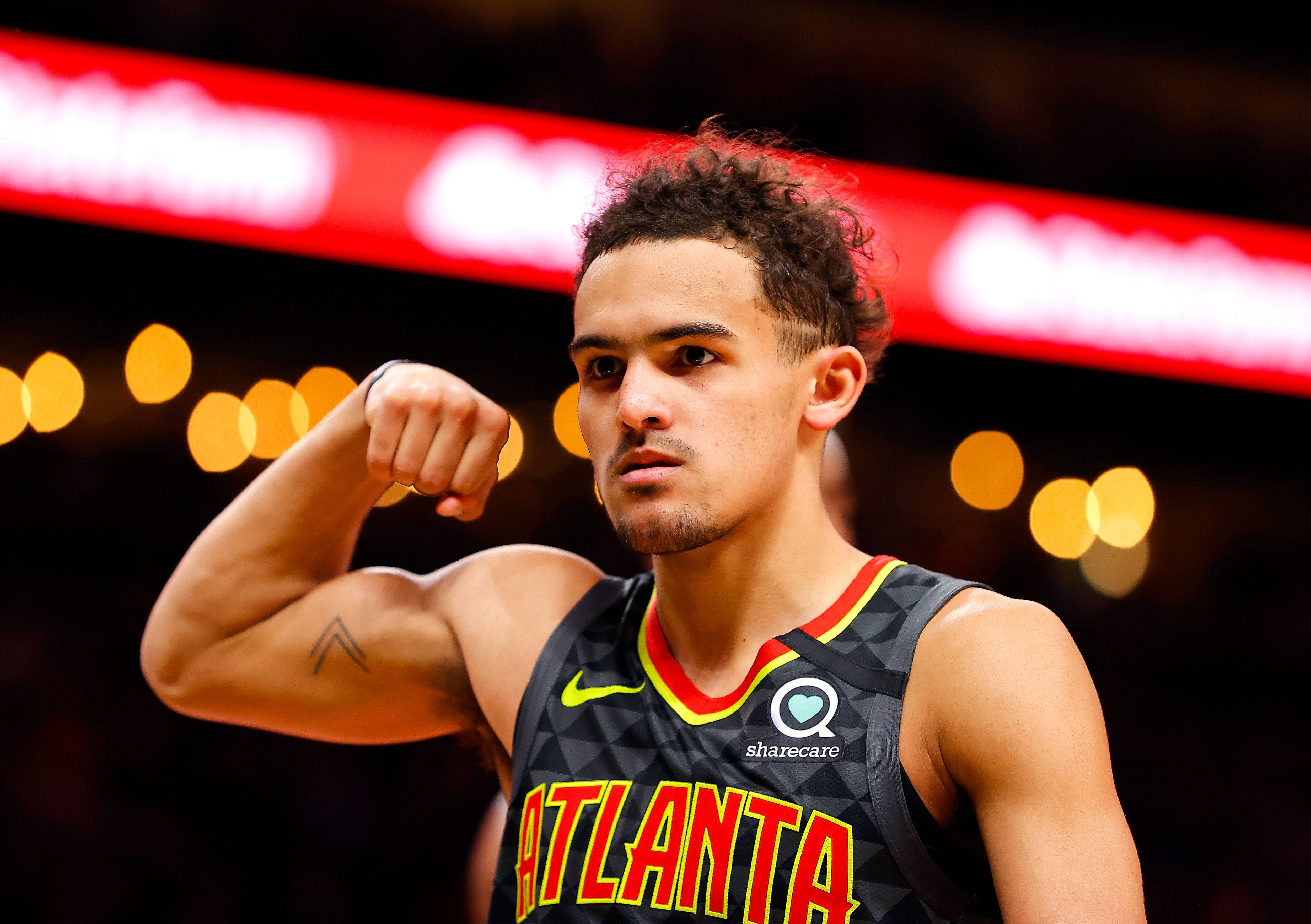 ATLANTA, GEORGIA - FEBRUARY 09:  Trae Young #11 of the Atlanta Hawks reacts after drawing a foul on a basket in the second half against the New York Knicks at State Farm Arena on February 09, 2020 in Atlanta, Georgia.  NOTE TO USER: User expressly acknowledges and agrees that, by downloading and/or using this photograph, user is consenting to the terms and conditions of the Getty Images License Agreement.  (Photo by Kevin C. Cox/Getty Images)