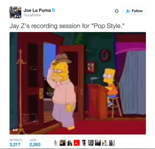 HOV's Quick and Go - Of course some social media constituents had something to say about Jay Z's (very) brief feature on "Pop Style."&nbsp;&nbsp;(Photo: Joe La Puma via Twitter)