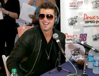 Robin Thicke&nbsp; - BET Awards 2013 performer Robin Thicke shares a laugh with the staff of Power 98 WPEG FM.(Photo: Frederick M. Brown/Getty Images for BET)