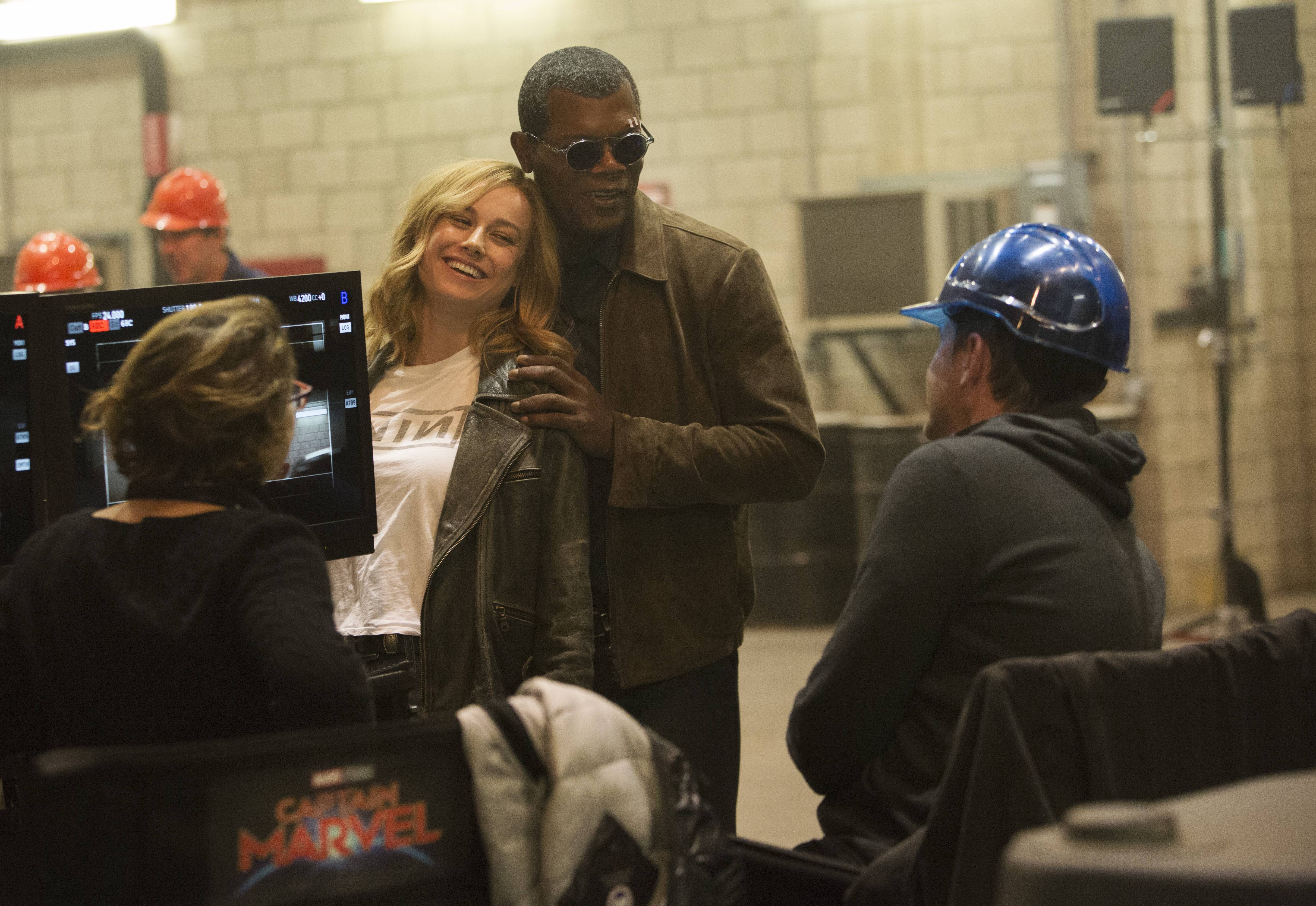 Sam with Brie Larson on the set of 'Captain Marvel.'