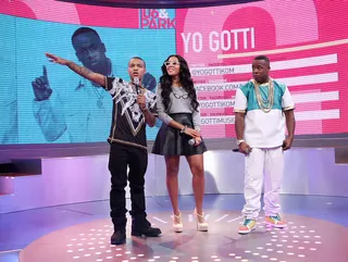 Got Fans? - Hosts Bow Wow and Angela Simmons shoutout a&nbsp;Yo Gotti (R) fan in the audience.&nbsp;(Photo:&nbsp; Rob Kim/BET/Getty Images for BET)