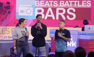 The Bars Continue - Hosts Bow Wow and Angela Simmons let Travi$ Scott spit his last 16 bars before he exits stage left on 106.&nbsp;(Photo:&nbsp; John Ricard/BET/Getty Images for BET)