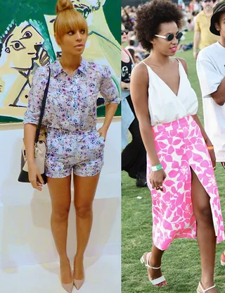 Floral - Bey chooses a matching purple floral-print set and nude pumps for last year's trip to Art Basel in Miami. Solange takes a stroll in a long pink floral skirt with thigh-high slit. Both look cool and super fresh.  (Photos from left: Tumblr via Iambeyonce.com, London Entertainment / Splash)&nbsp;