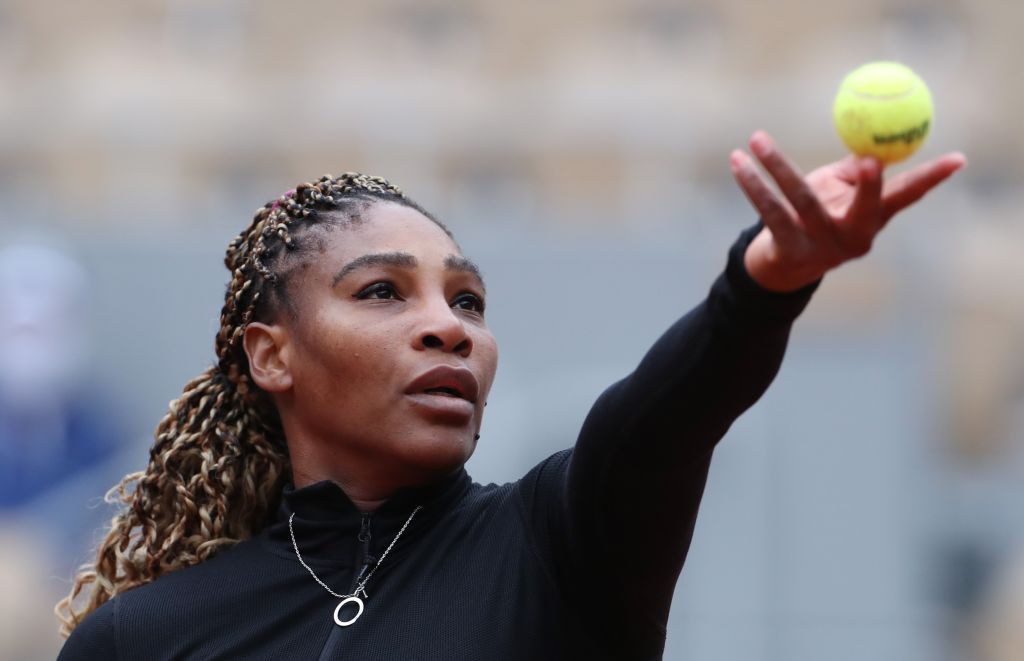 PARIS, Sept. 28, 2020 -- Serena Williams of the United States serves during the women's singles first round match against Kristie Ahn of the United States at French Open tennis tournament 2020 at Roland Garros in Paris, France, Sept. 28, 2020. (Photo by Gao Jing/Xinhua via Getty) (Xinhua/Gao Jing via Getty Images)