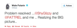 Wale vs. Fat Trel and Shy Glizzy - Wale must have been having a peaceful year because for the second time in 2012 the &quot;Bad&quot; rapper attempted to diffuse Twitter beef with a phone conversation. Wale was allegedly instrumental in deadin’ the Twitter war between Chicago rapper Shy Glizzy and the DMV's own Fat Trel. Wale announced to fans via Twitter that they had squashed their beef and new music featuring all three rappers was in the making.(Photo: Wale via Twitter)