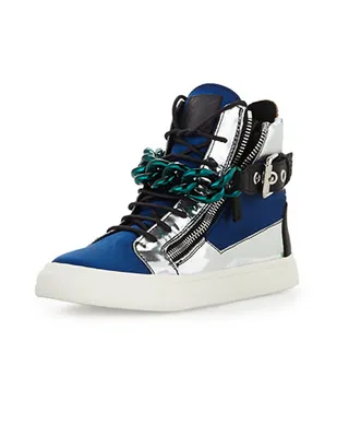 Giuseppe Zanotti  - This season, top designers are going hard with bold designs and eye-popping hues. And trust us, these new kicks are sure to put a spring in your step. By Britt Middleton  Singer Monica Brown put us on to these blue satin-and-turquoise chain high-tops from the Italian designer’s men’s collection.