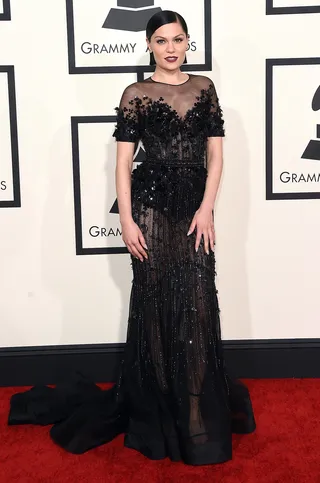 Jessie J - The British beauty channels Old Hollywood in a floor-length beaded Ralph &amp; Russo gown with sheer panels. The detail work here is stunning. (Photo: Jason Merritt/Getty Images)