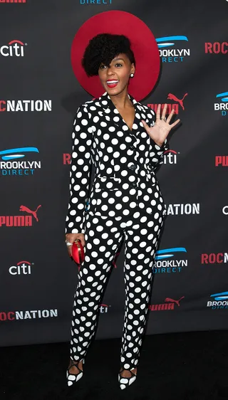 Spot the Star - A heavily-patterned Janelle Monáe doesn't disappoint with her signature style at the Roc Nation Pre-Grammy Brunch.   (Photo: Valerie Macon/Getty Images)