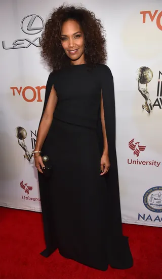 Mara Brock Akil - Inspired by Solange! Being Mary Jane creator Akil wears a black version of Knowles' now-classic caped wedding dress.  (Photo: Alberto E. Rodriguez/Getty Images for NAACP Image Awards)