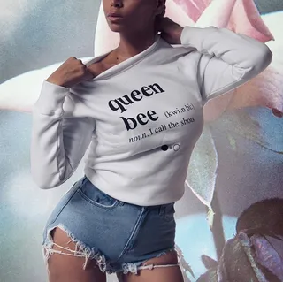 Queen Bee - Need we say more? We love the sexy-playful vibe: a custom long-sleeved sweatshirt teamed with itty-bitty denim hot pants. She shows just enough skin to keep ‘em guessing.  (Photo: Beyonce via Instagram)