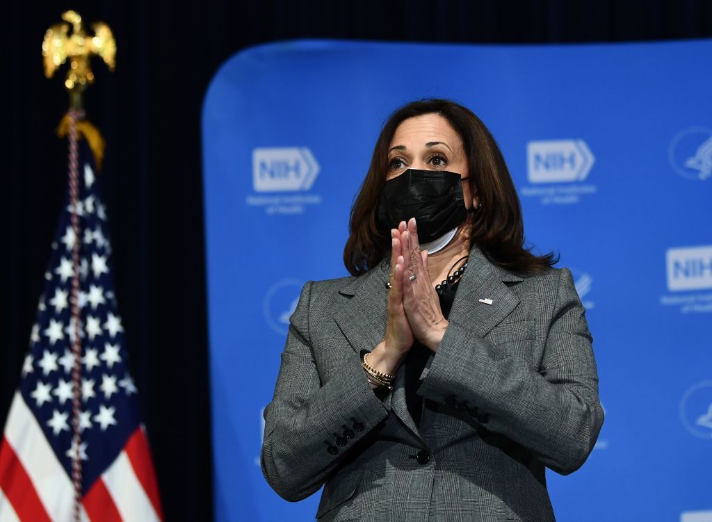 US Vice President Kamala Harris speaks after receiving her second dose of the Covid-19 vaccine at the National Institutes of Health, in Bethesda, Maryland, on January 26, 2021. (Photo by Brendan Smialowski / AFP) (Photo by BRENDAN SMIALOWSKI/AFP via Getty Images)