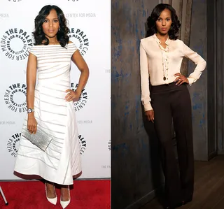 Kerry Washington as Olivia Pope on Scandal   - Olivia Pope is the most sophisticated female boss on television. And Kerry’s spotless red carpet designer wardrobe? That’s a whole ‘nother story.   (Photos from left: Craig Barritt/Getty Images, ABC/CRAIG SJODIN)